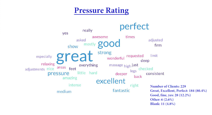 Client Ratings of my pressure during massage (80.4% Great/Excellent, 12.2% Good, 2.6% Other, & 4.8% left blank).